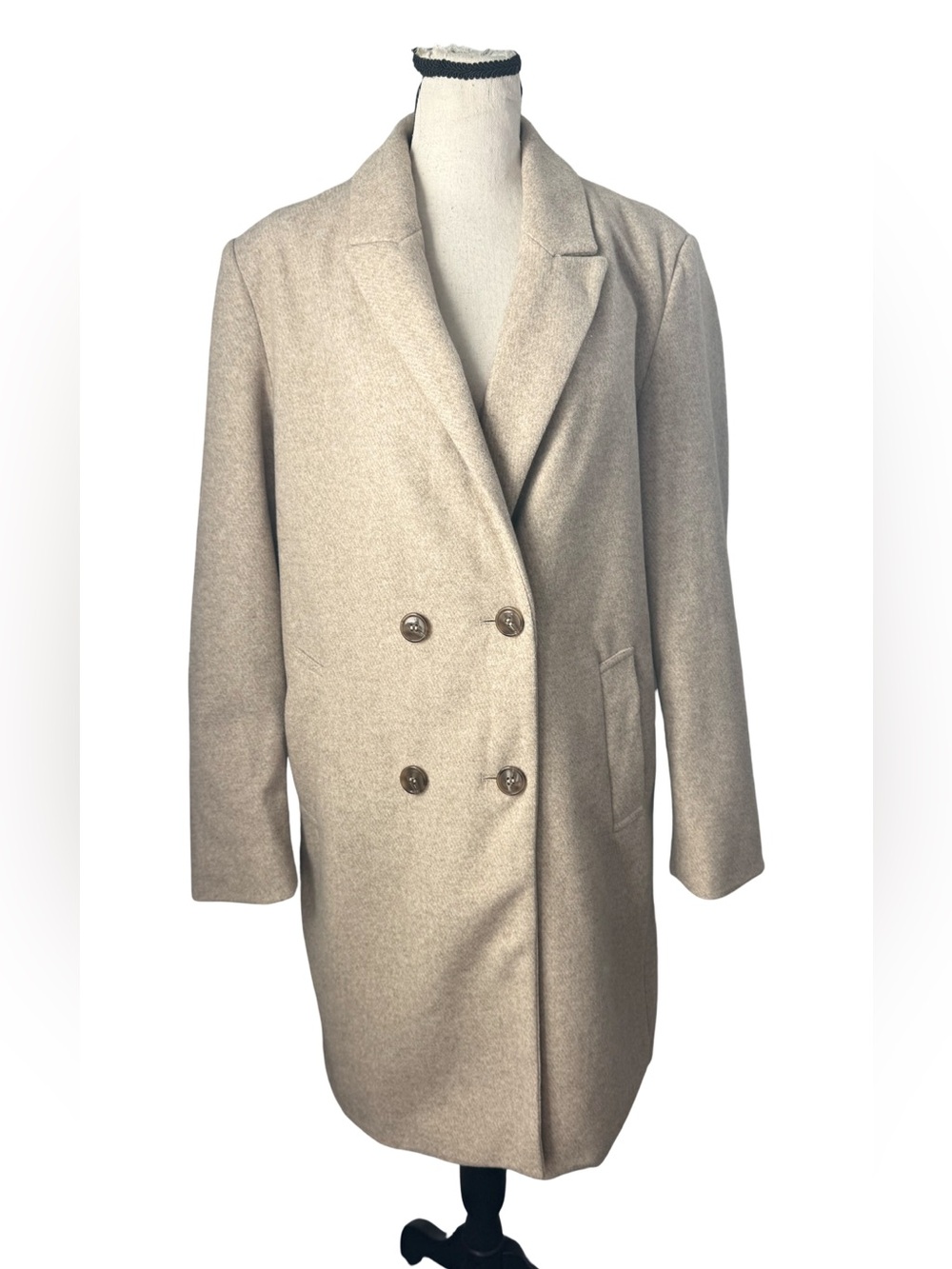 Primark Double Breasted Wool Look Coat Beige Taupe Long Overcoat Women’s Small